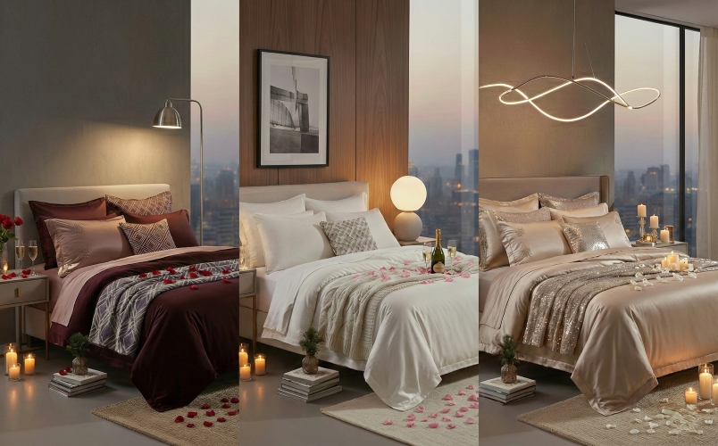 แนะนำโทนสีชุดเครื่องนอนสร้างบรรยากาศโรแมนติก เช่น สีแดง Burgundy สีขาวครีม และสีทองแชมเปญ สำหรับวันวาเลนไทน์